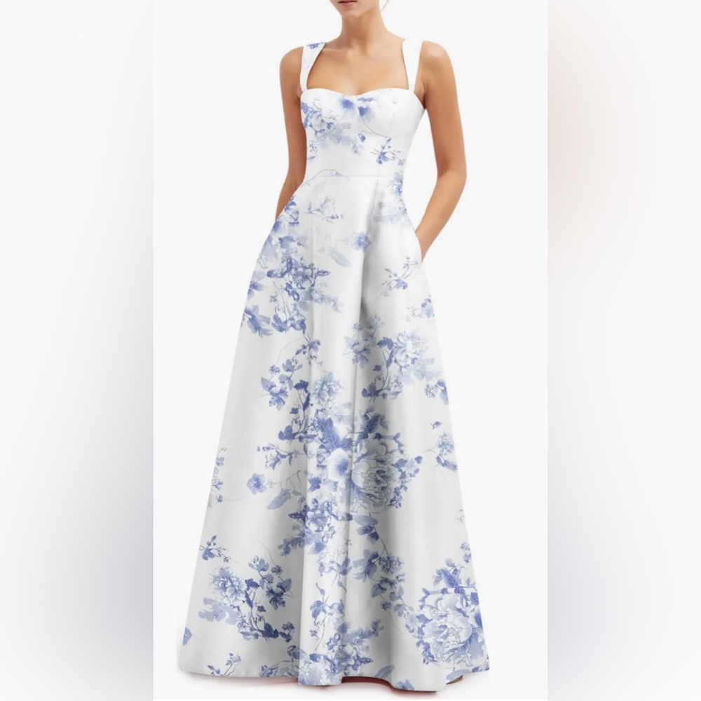 NWOT Alfred Sung Blue Floral Bustier Lace Up Corset A-Line ball Gown 10
